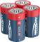 Four blue and red D-alkaline batteries with 'Ansmann' printed on them, standing and grouped side by side.