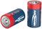 Two large alkaline batteries from the brand 'ANSMANN', one lying down and one standing upright, with red and blue casings.