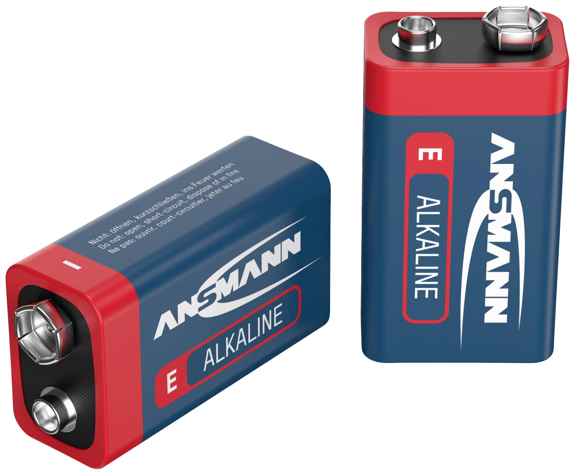 Two 9V alkaline batteries by Ansmann. One is lying down, the other standing upright. Both batteries have a blue and red design.