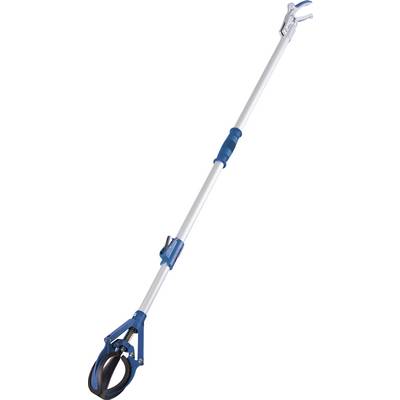 A long, blue and white reacher tool with a handle and gripping claw, used for picking up objects from a distance or high places.