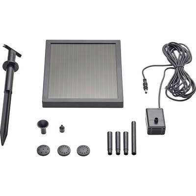 A solar-powered water pump kit with solar panel, water pump, connecting cable, ground stake, nozzle, and assorted attachments.