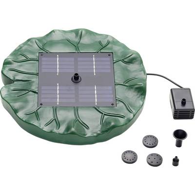Round green leaf-shaped solar fountain pump with four solar panels and accessories, including interchangeable fountain heads.