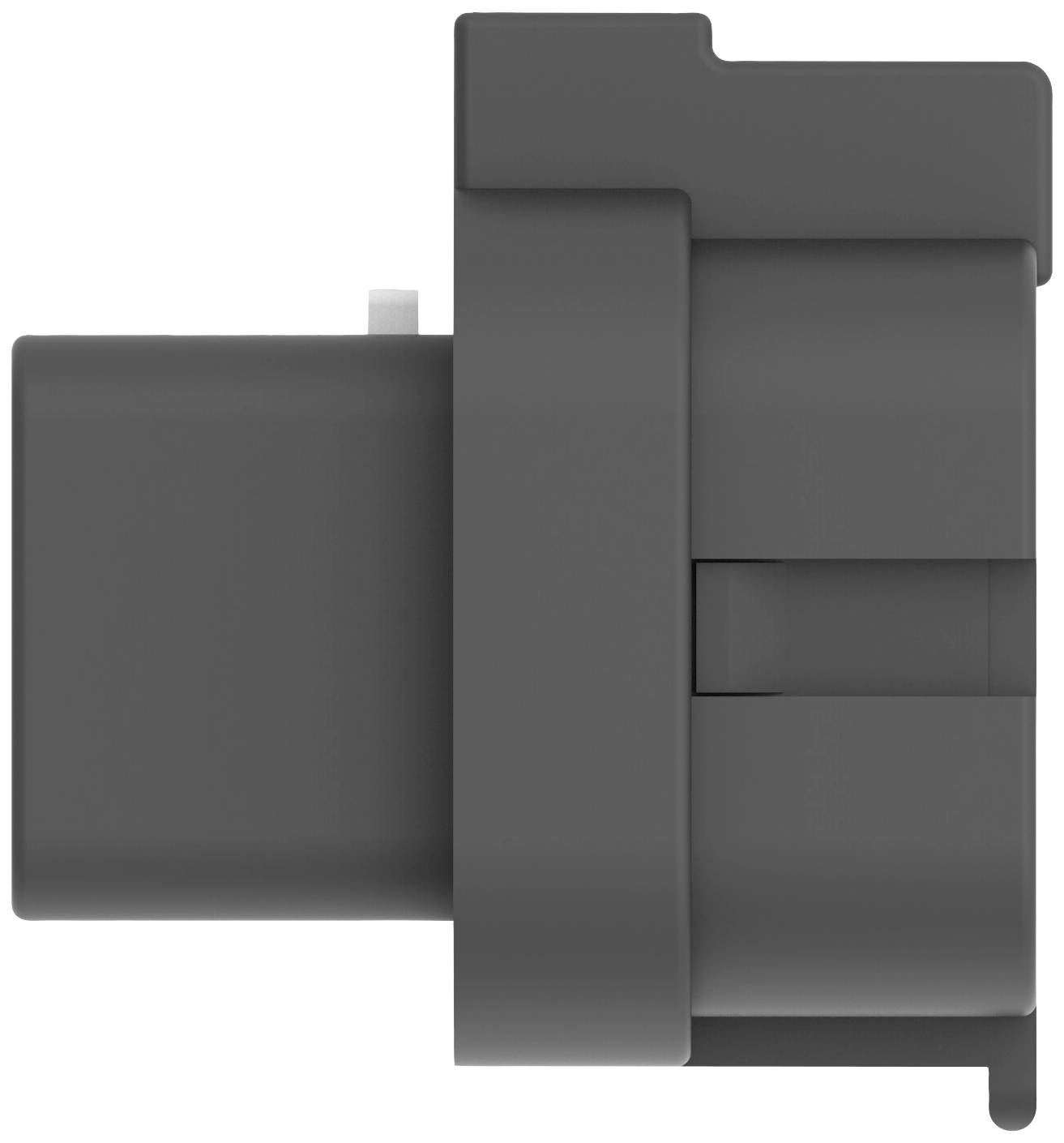 Grey, rectangular plastic module with a switching mechanism, side view. No further details discernible.