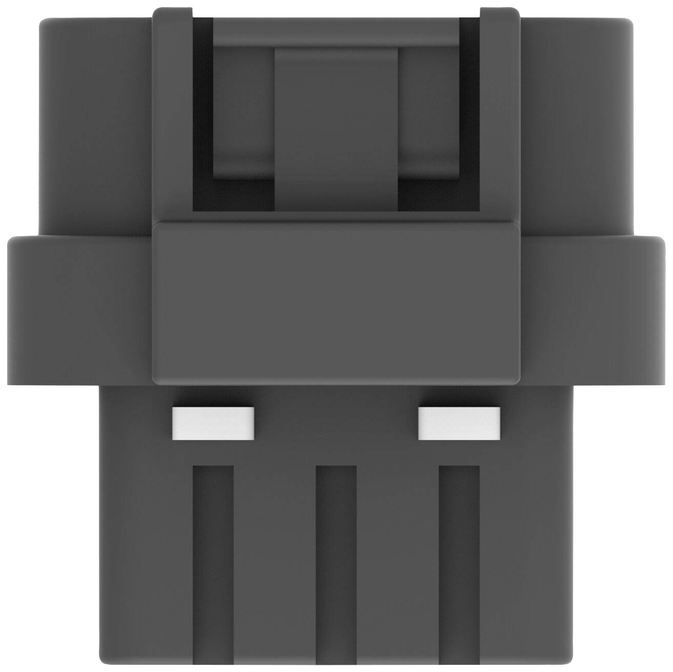 Grey mechanical key switches in detail, with two metallic contacts and a black plastic housing, top-down view.