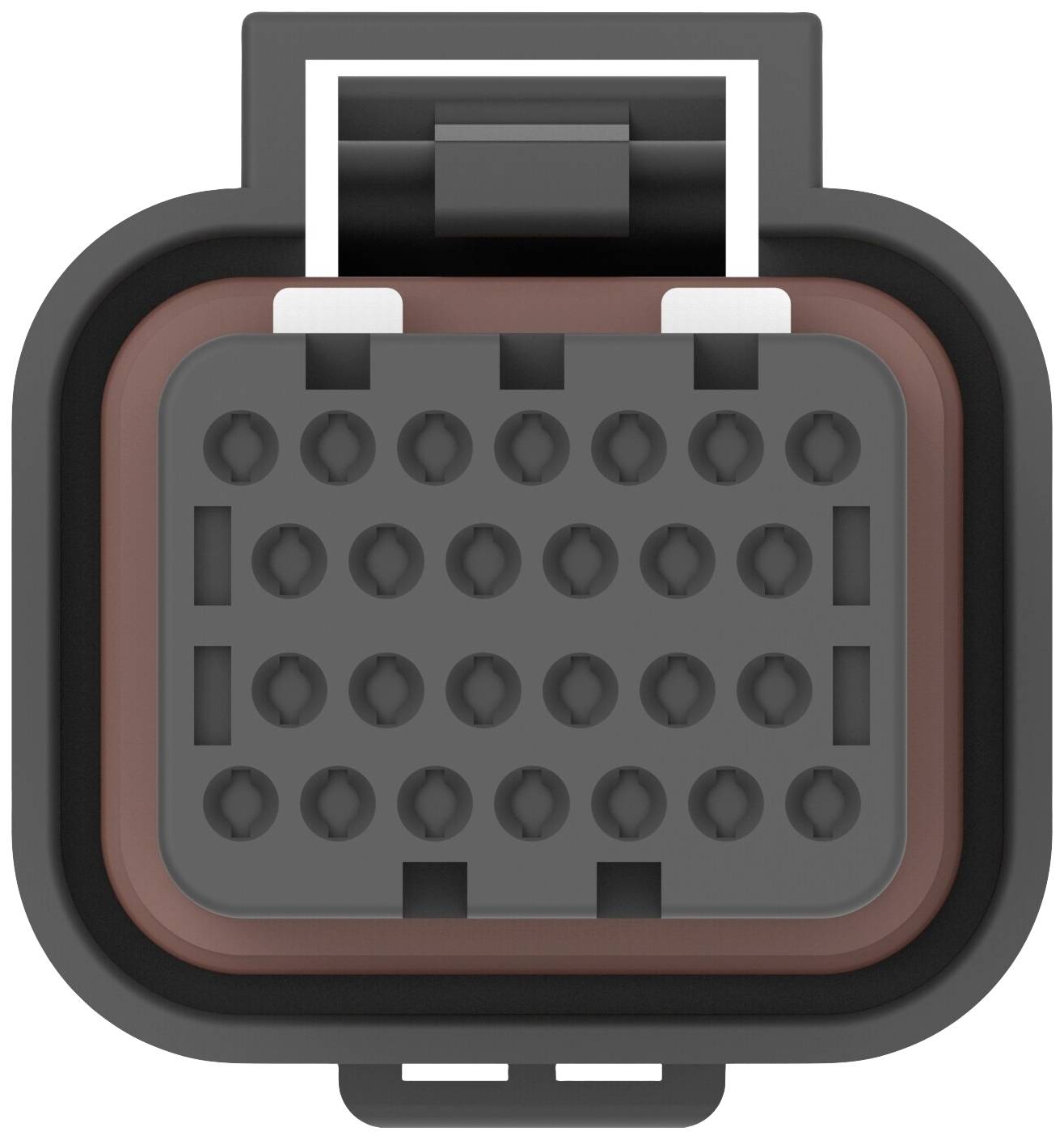 A rectangular electrical connector with multiple round contacts and black and red elements.