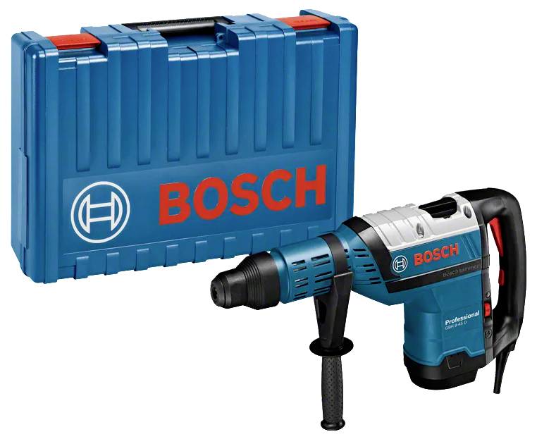 A blue and black Bosch professional power drill with a side handle, placed next to a blue Bosch carrying case.
