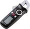 A digital clamp meter with a black casing, rotary dial, and display for measuring electrical currents.