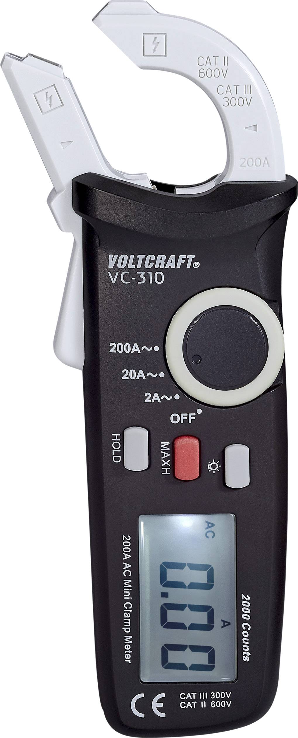 Digital current measuring device with clamp. Shows voltage and current measurement ranges. Brand label 'Voltcraft VC-310'.