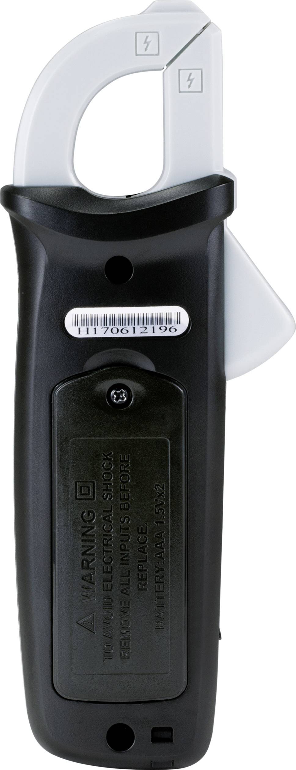 A black electrical voltage tester with grey jaws and a sticker in the centre. Warning notice on the front.