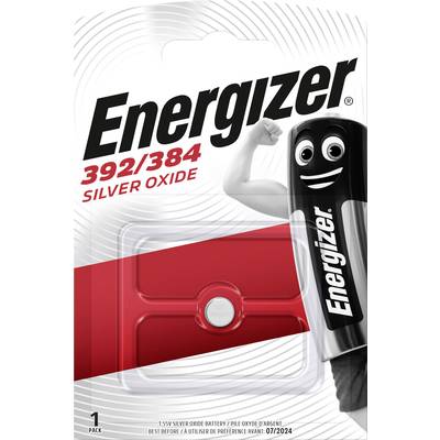 Energizer battery pack with the label '392/384 Silver Oxide'. Battery depicted with muscles. Battery packaging.