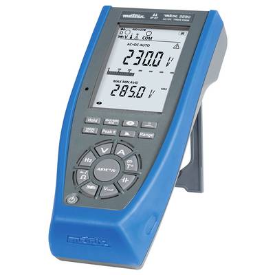 A blue multimeter with a digital display is showing a voltage of 230 V. It has numerous buttons for setting and measuring.