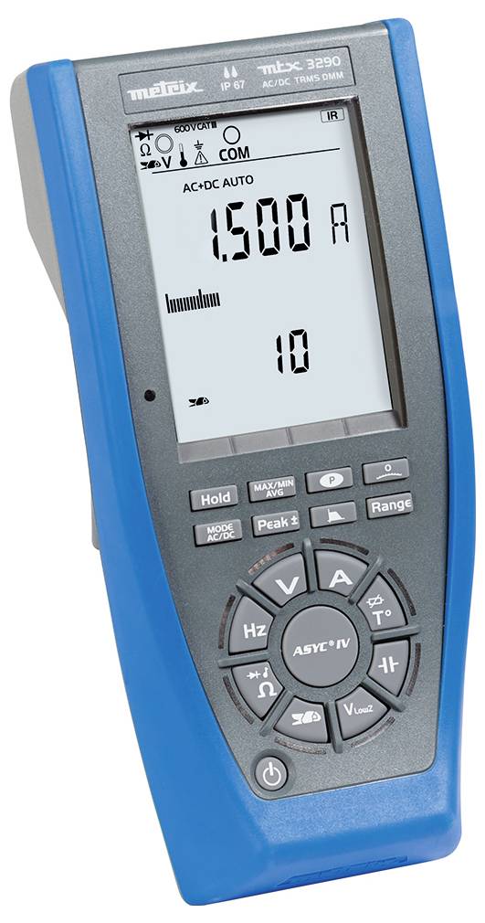 Digital multimeter with a blue casing and display reading '1,500 A'. Device has buttons for various measurement functions.