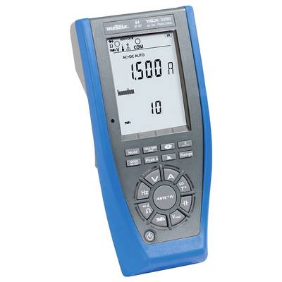 Digital multimeter with a blue casing and display reading '1,500 A'. Device has buttons for various measurement functions.