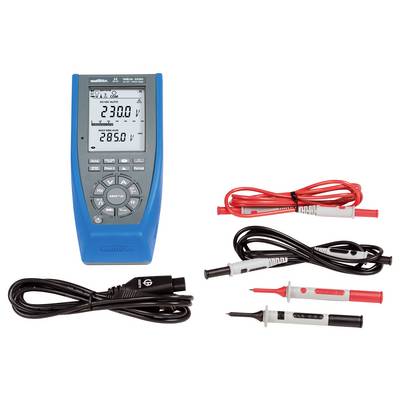 A digital multimeter displays measurement readings. Beside it are test probes and connection cables. Key values: 230.0 V and 285.0 V.