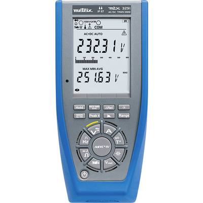 Hand multimeter with digital display, showing 232.31 volts. Push-button control for various measurement functions and settings.