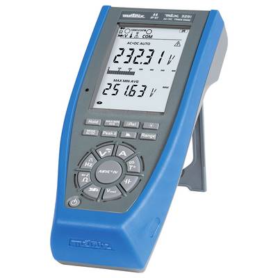 A digital multimeter with a blue casing displays alternating current and direct current voltage measurements in volts on its display.