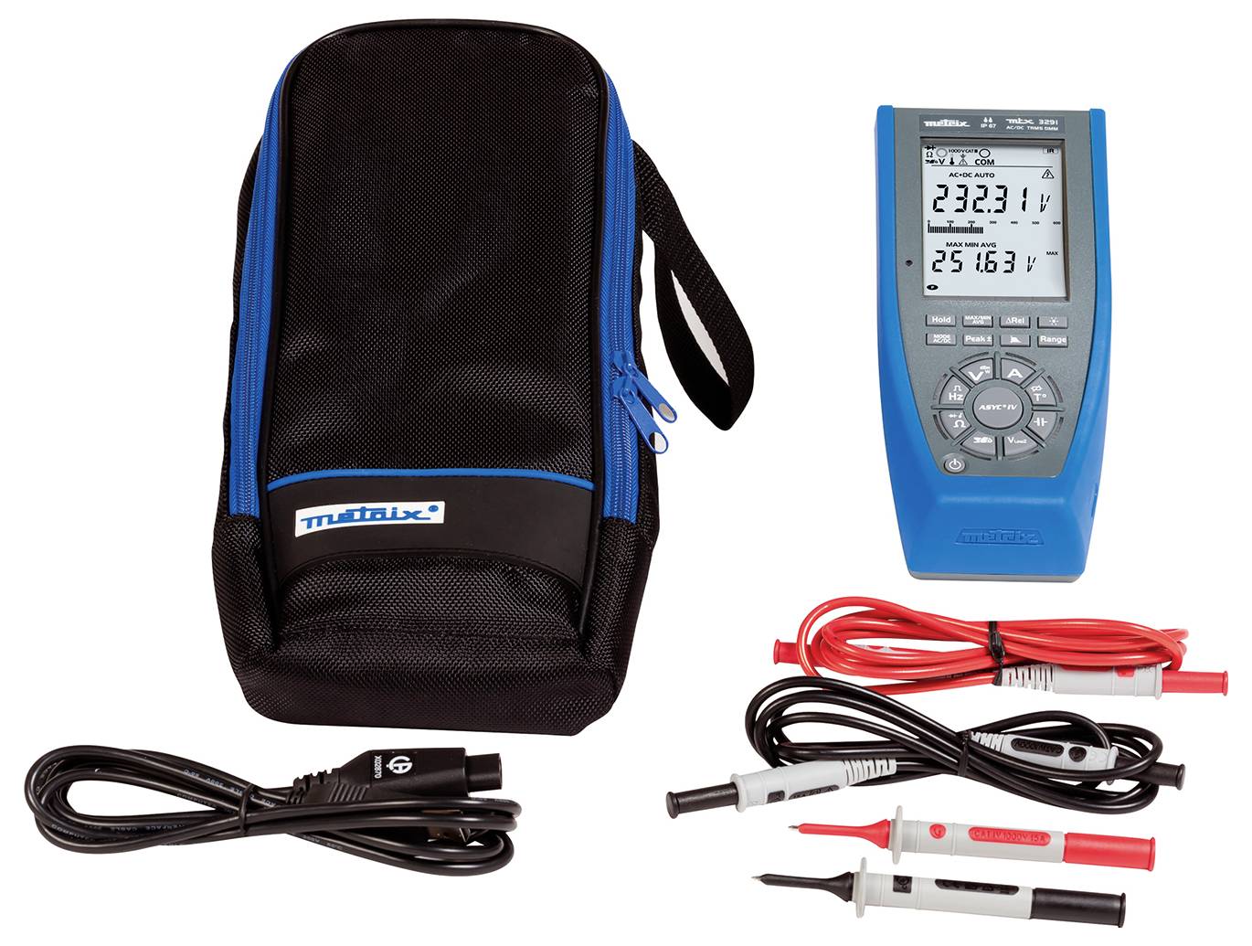 A portable multimeter set with a blue device, black carry case, and test leads. The display shows measurement readings.