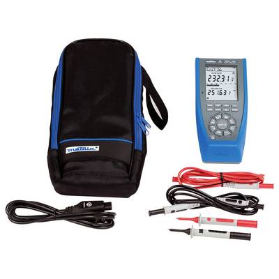 A portable multimeter set with a blue device, black carry case, and test leads. The display shows measurement readings.
