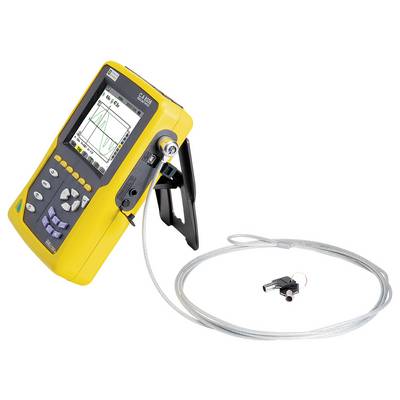 Portable oscilloscope in a yellow casing with cable and probe. The screen displays a waveform representation. Suitable for technical measurements.