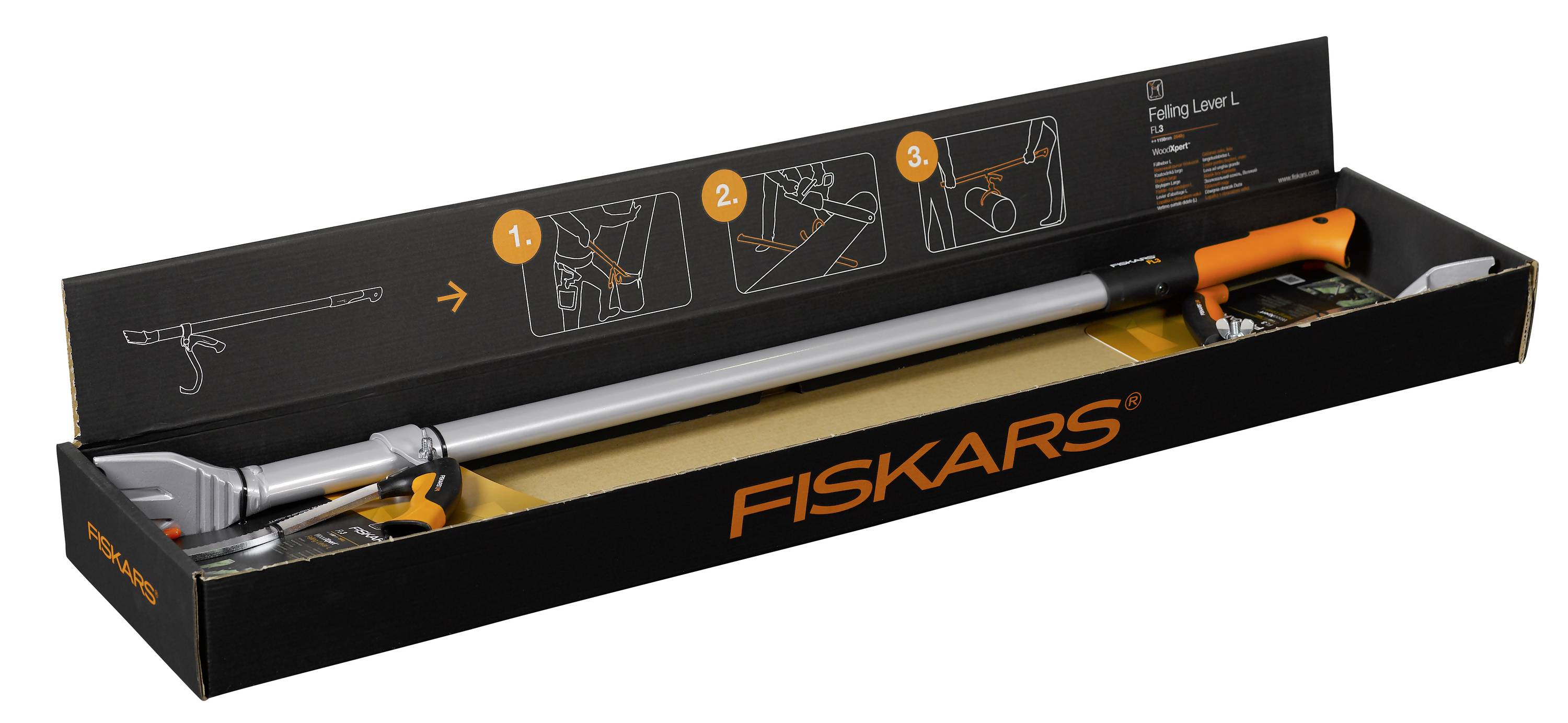 Packaging for a Fiskars Pruning Shears with Instructions: three steps for use, showing cut branches, scissors and orange handle.