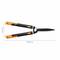 Hedge shears with orange and black handles, adjustable from 68 to 93 cm, blade length 21.5 cm, suitable for trimming bushes.