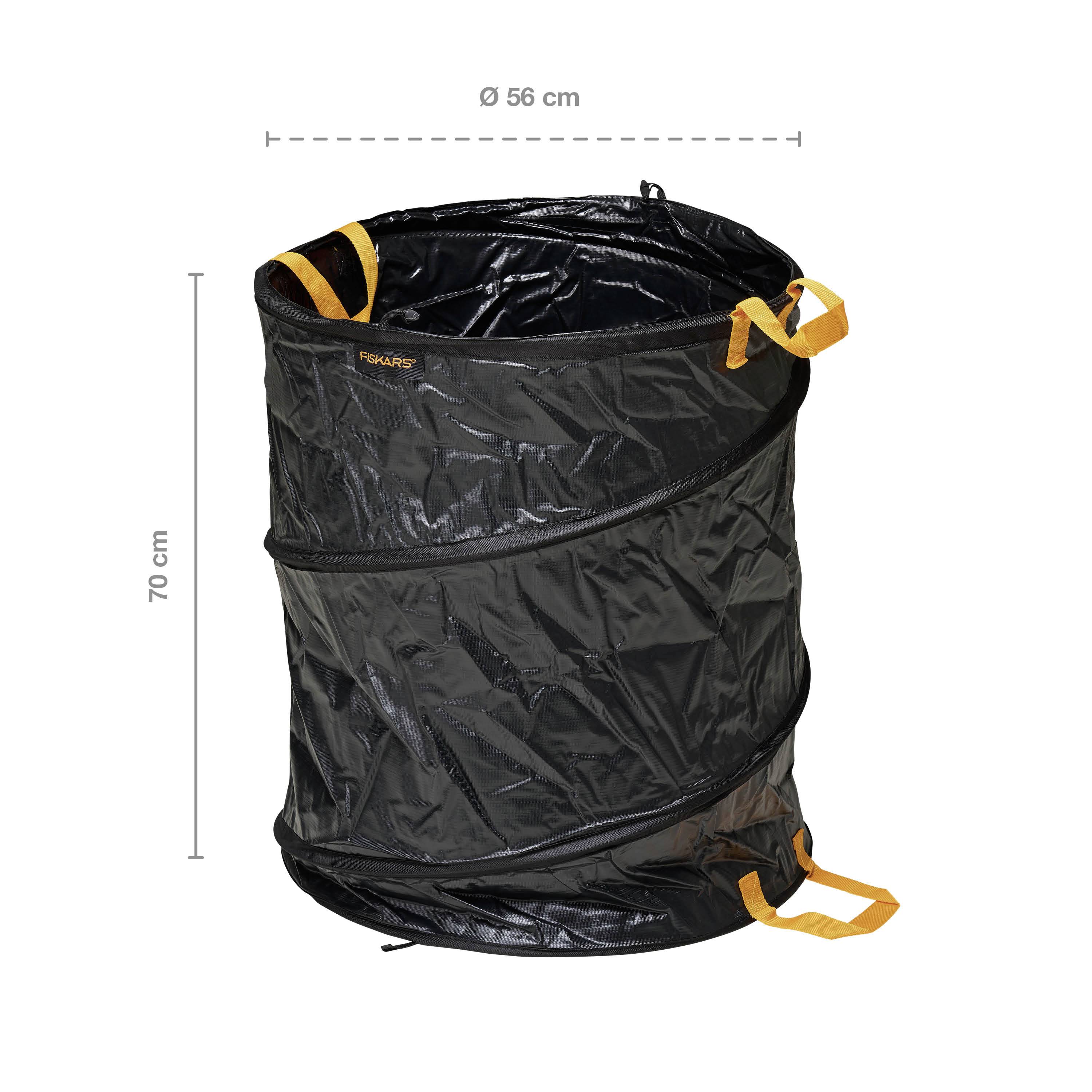 Foldable Garden Sack, 70 cm tall, 56 cm diameter, black with orange handles. Brand name on the outside.