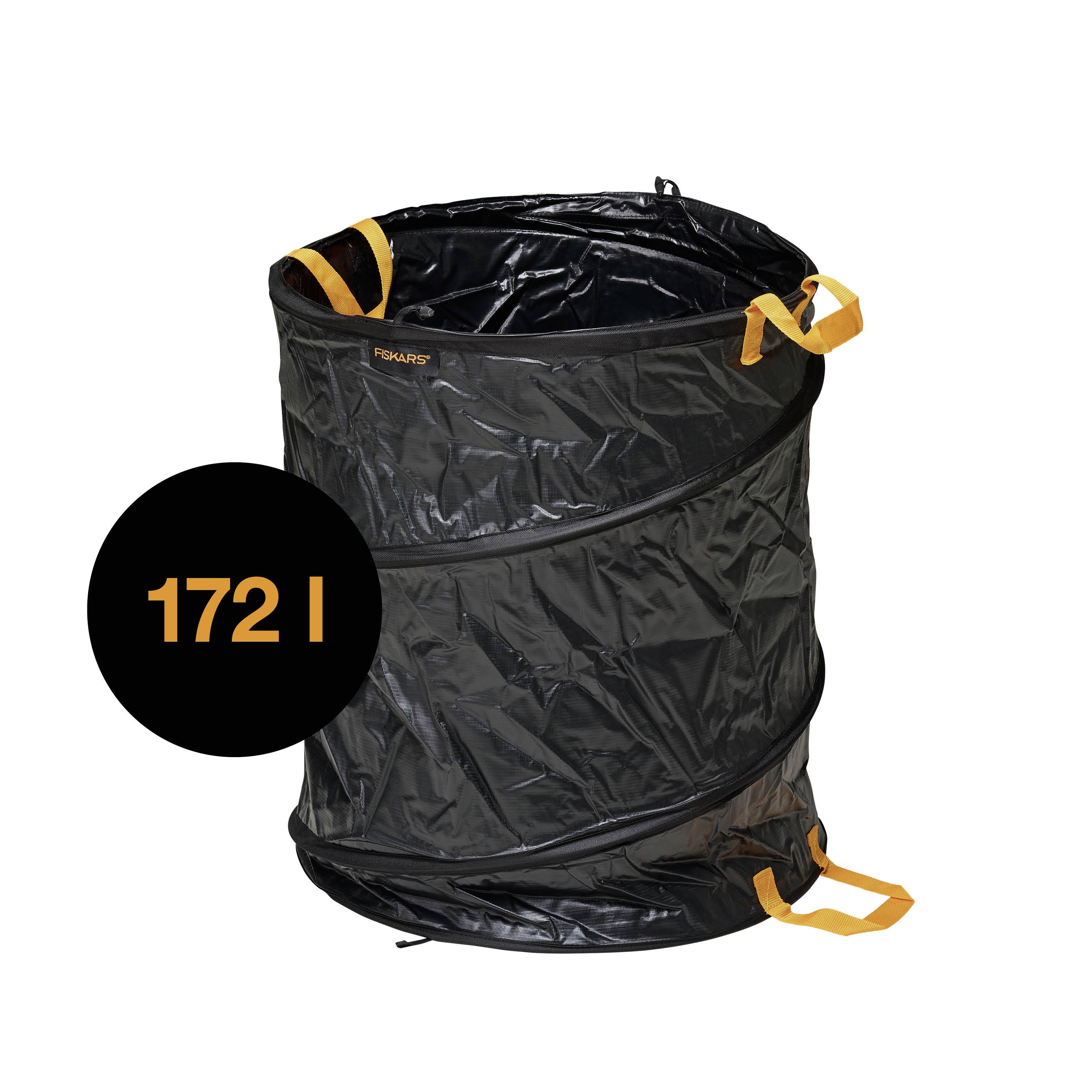 'Collapsible garden waste bag with 172-litre capacity. Black design with yellow handles.'