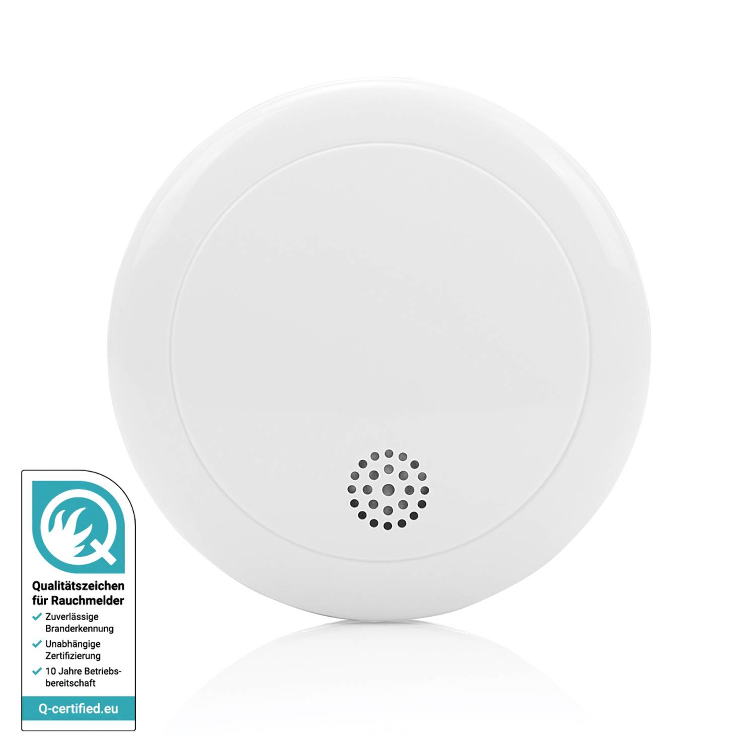 A round smoke detector with a white casing, set against a light background. Bottom left, a quality certificate with the text 'Quality Mark for Smoke Detectors'.