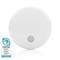 A round smoke detector with a white casing, set against a light background. Bottom left, a quality certificate with the text 'Quality Mark for Smoke Detectors'.