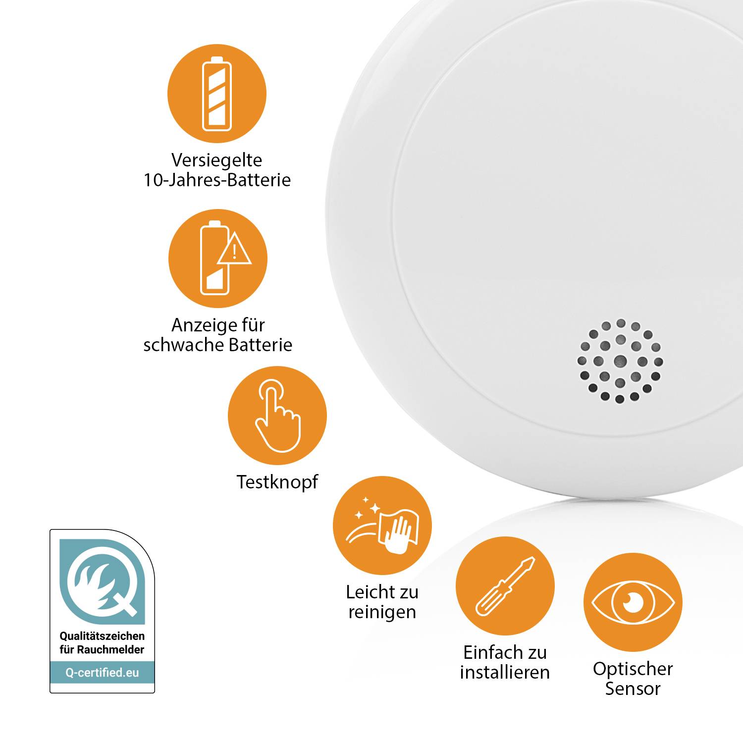 Smoke detector with optical sensor, closable 10-year battery, test button and easy installation. Indicates low battery.