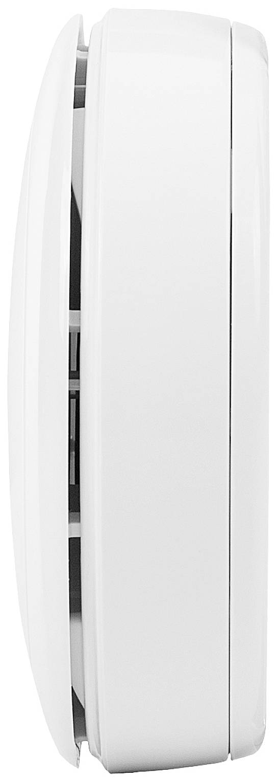 A side-view smoke detector mounted on the wall. It is white and compact, suitable for home use.