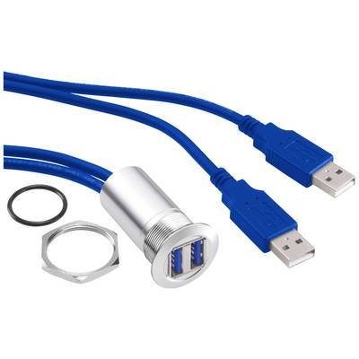 Two blue USB cables, connected to a round, silver dual USB port. Mounting accessories are placed beside it.