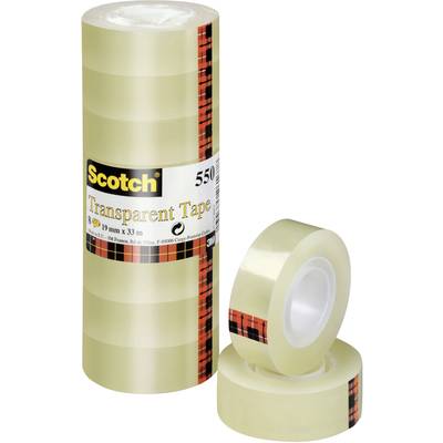Transparent Scotch tape roll, Model 550, 19 mm x 33 m. Two rolls are positioned separately in front.
