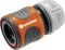 'Gardena' garden hose connector with orange and gray design, used for connecting hoses.