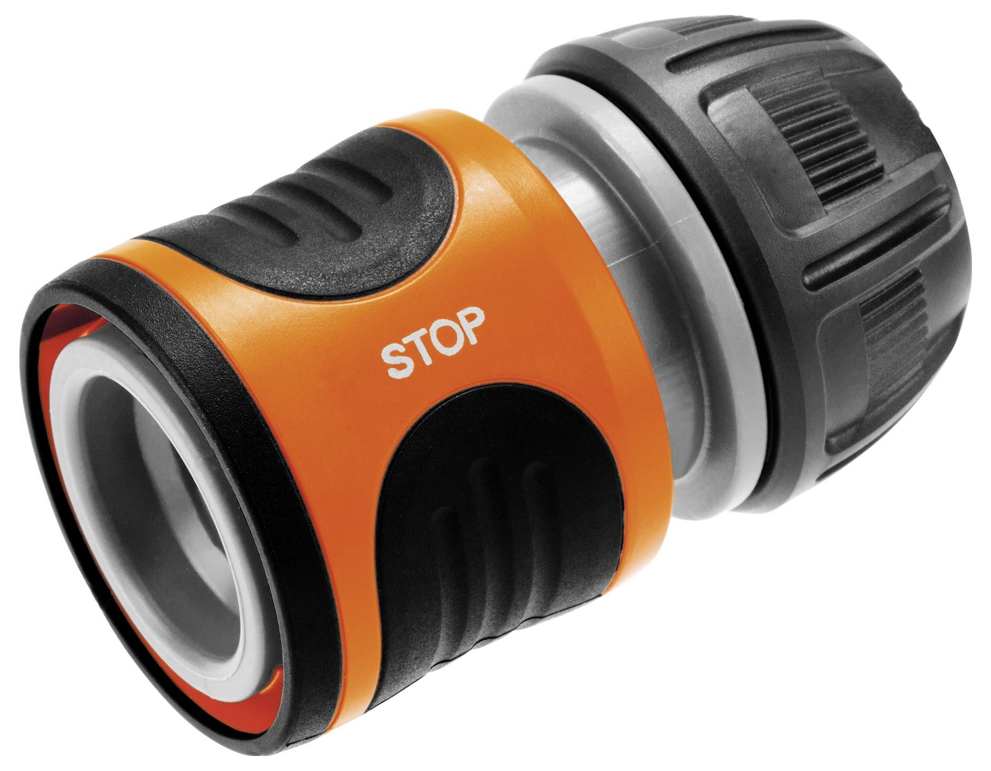 An orange and black garden hose connector with 'STOP' printed on it, used for joining hose ends.