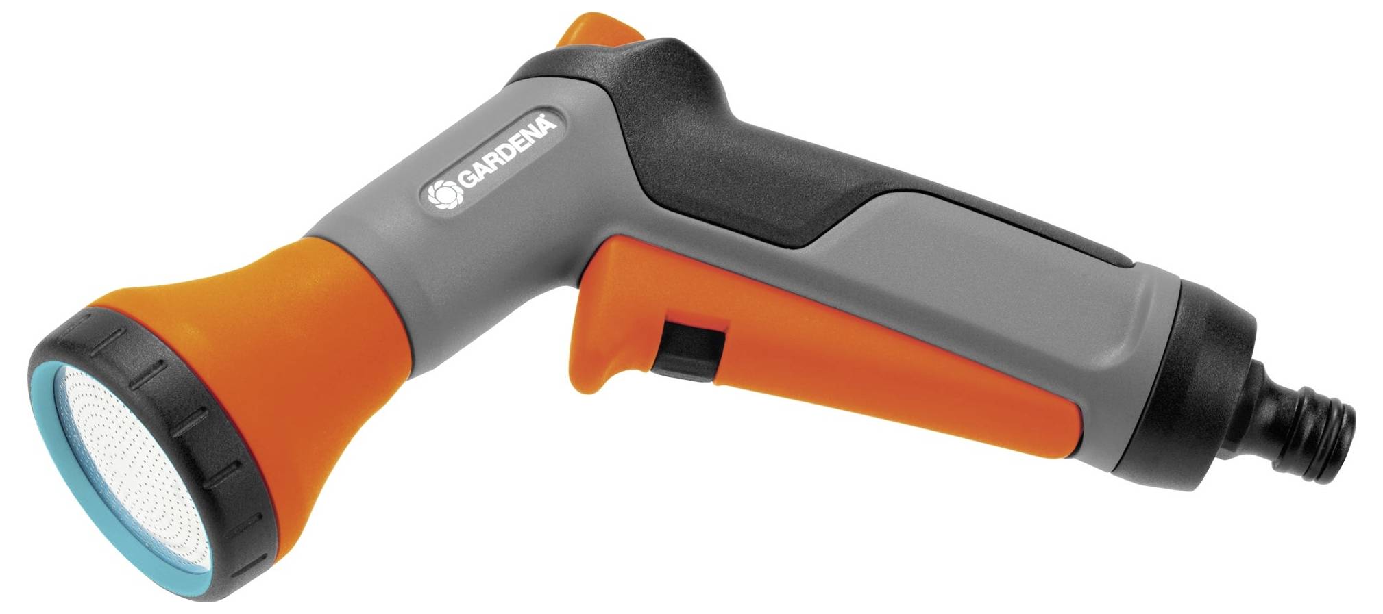 Grey and orange garden hose spray nozzle with ergonomic handle and adjustable nozzle.