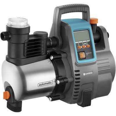 Garden pump with digital display and automatic control by Gardena. Black and silver design with blue accents.