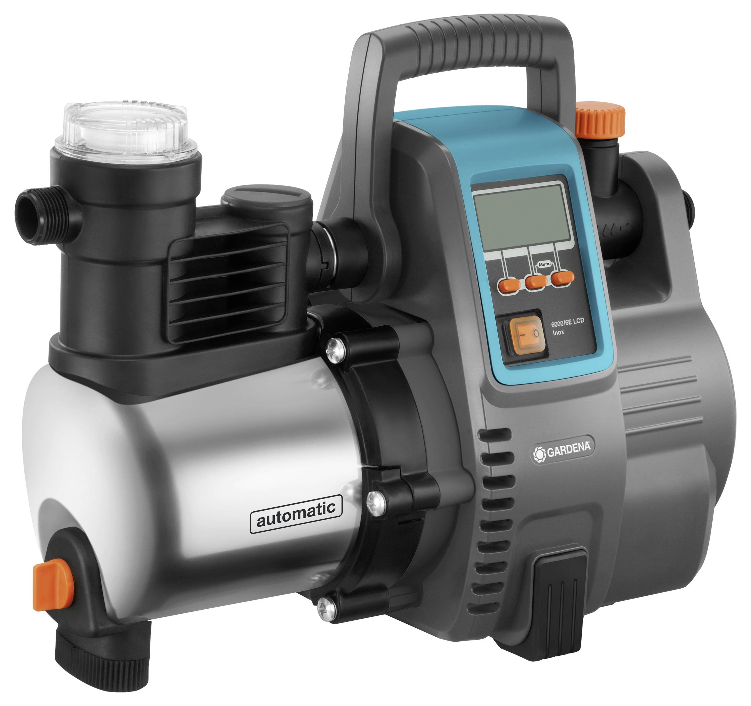 Garden water pump with digital display and control buttons. Marked with 'automatic', has a transparent filter container.