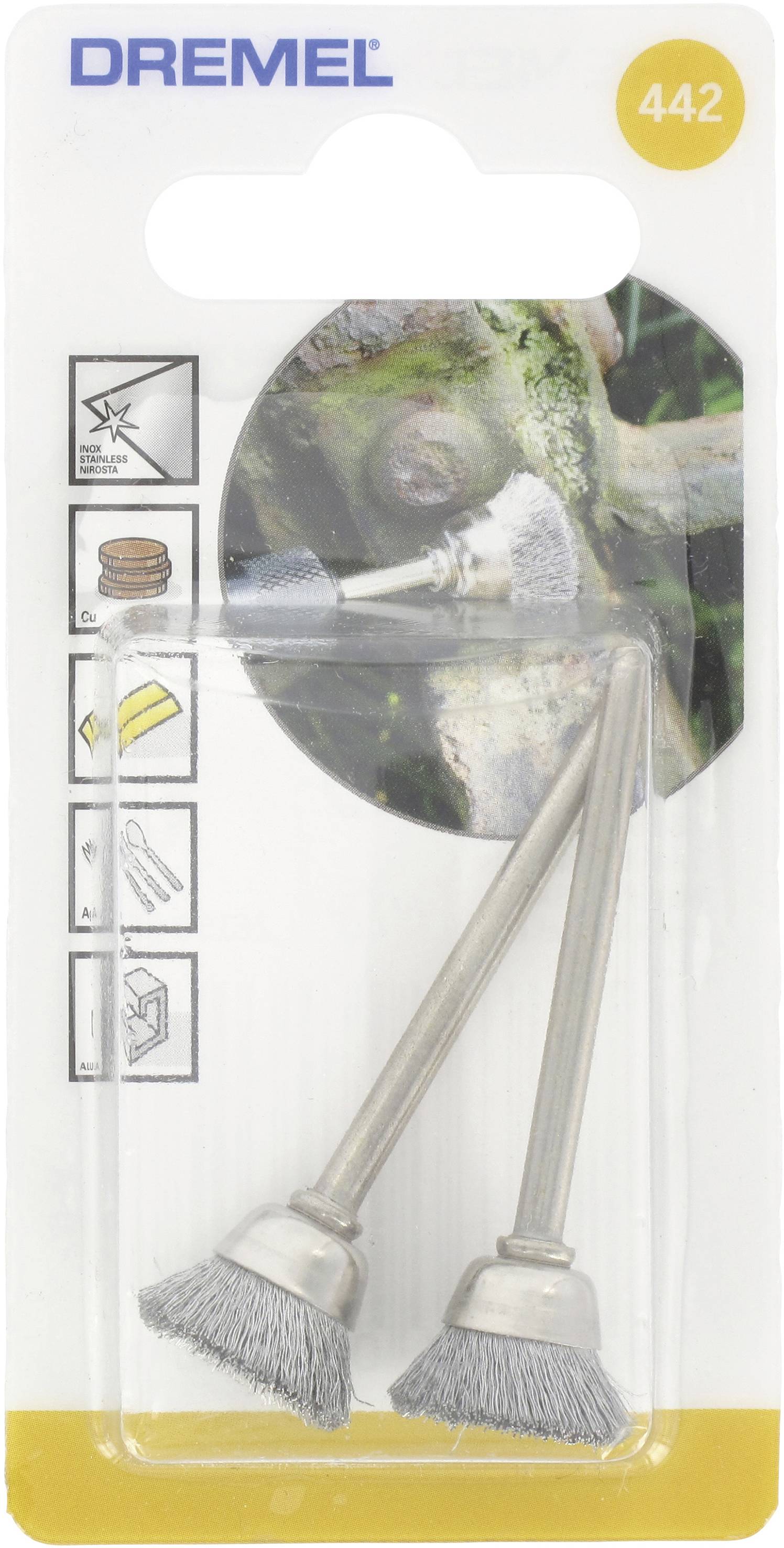 Two Dremel wire wheel brushes for polishing, shown in packaging, suitable for cleaning metal and wooden surfaces.