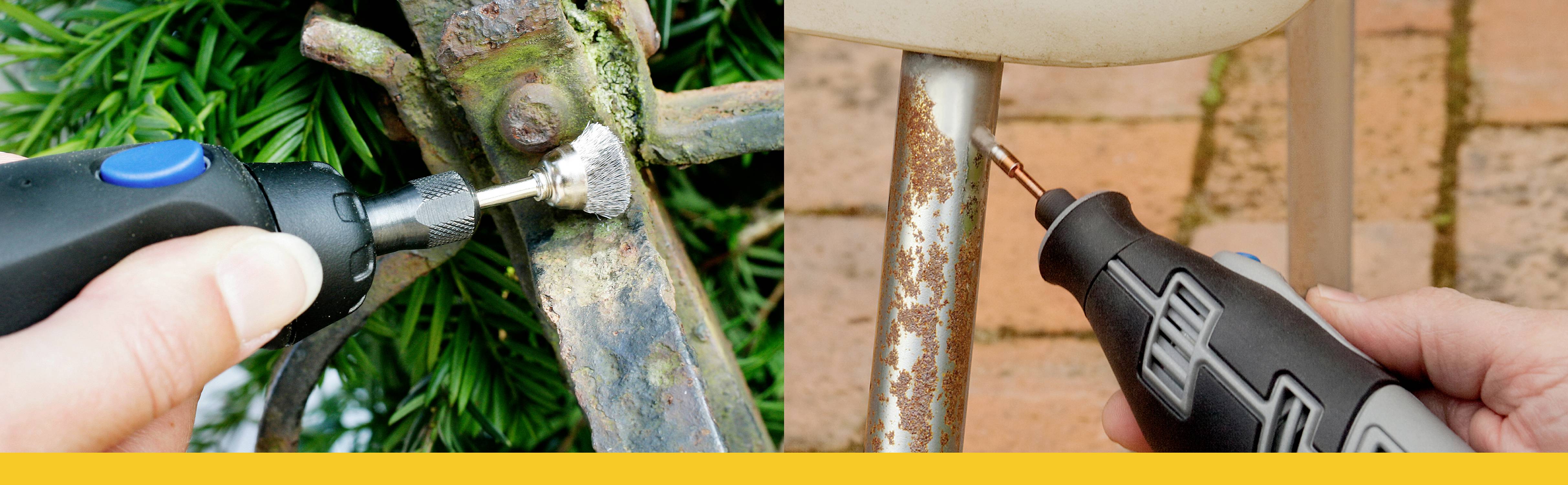 'Two photographs, left: A person removing rust from a metal object using a blue grinding tool. Right: A similar scene with a grey grinding tool on a chair.'