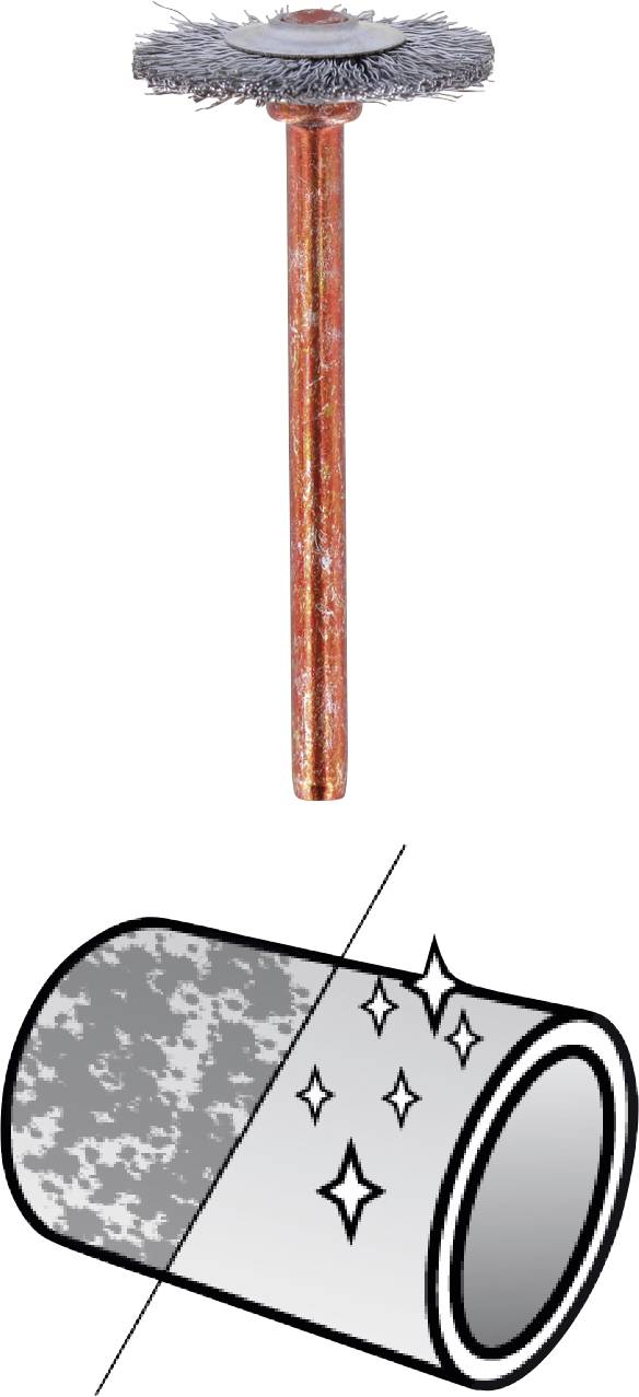 The image depicts a wire brush over a pipe. On the left, the pipe is rough, while on the right it is clean and shiny, illustrating the cleaning effect.