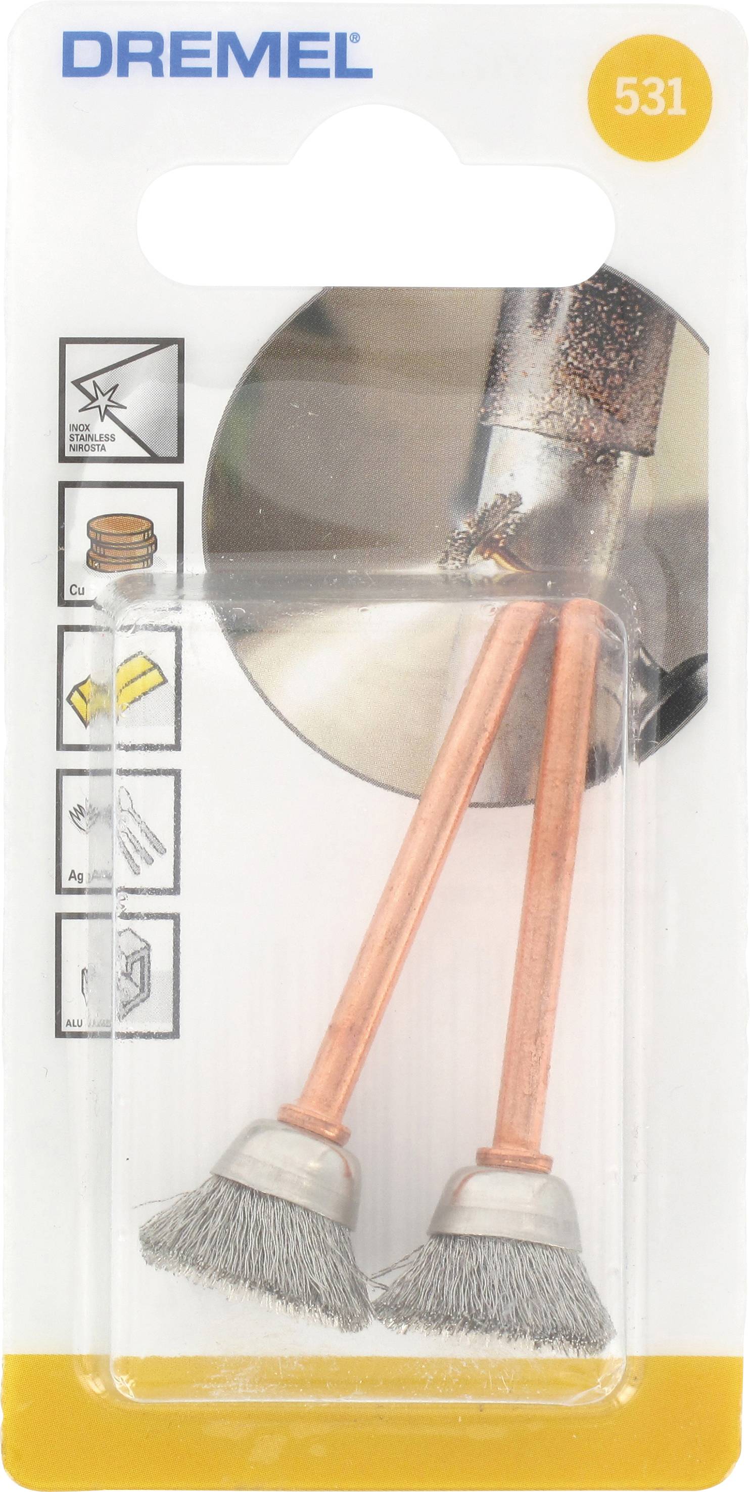 Two Dremel brushes in packaging. Suitable for metal cleaning. Round heads, orange handles. Application examples shown on the left of the packaging.