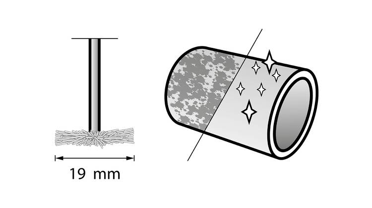 'Illustration of a cleaning brush with 19 mm bristles alongside an image showing a before and after of a shiny cylindrical object.'
