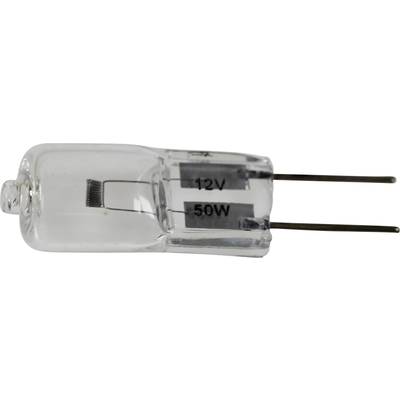 A halogen lamp labelled '12V 50W', small and cylindrical, with two wire connections.