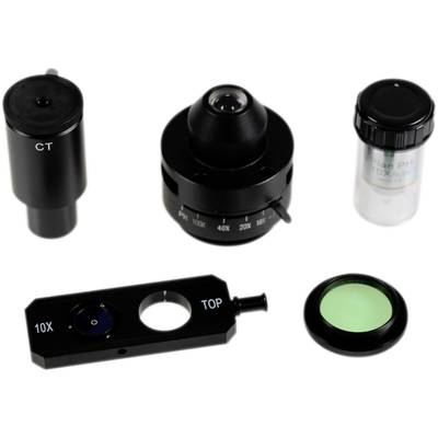 Laboratory equipment with various optical components, including a lens, lens holder, and a small bottle with labelling.