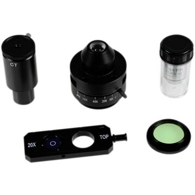 A microscopy accessory set with objectives and filters in various sizes, including a 20X objective and a greenish filter.