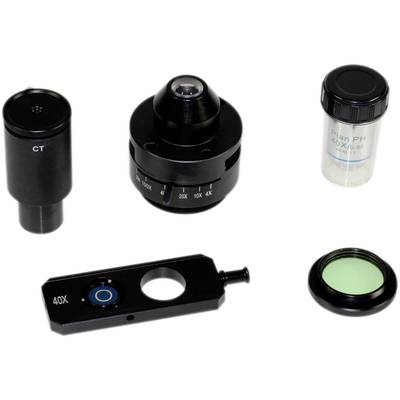 A microscope accessory set with various lenses and objects: eyepiece, turret, objective lens, light filter, and colour filter.