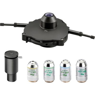 A microscope objective assembly with various objective lenses in different magnifications (10x, 20x, 40x) and an adapter.