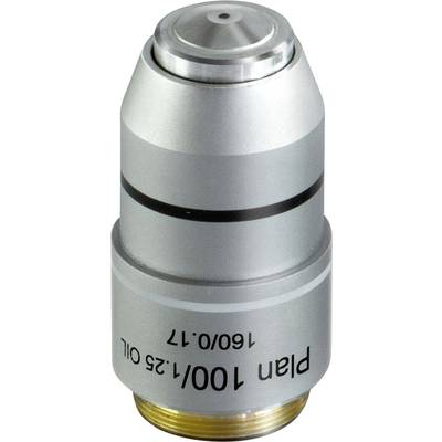 Silver microscope objective lens with the inscription 'Plan 100/1.25 Oil'.