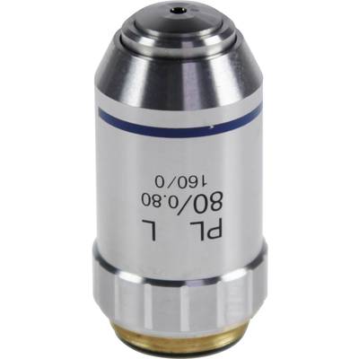 Silver microscope objective lens with blue marking, labelled 'PL 80/0.80 160/0', cylindrical shape, for optical magnification.